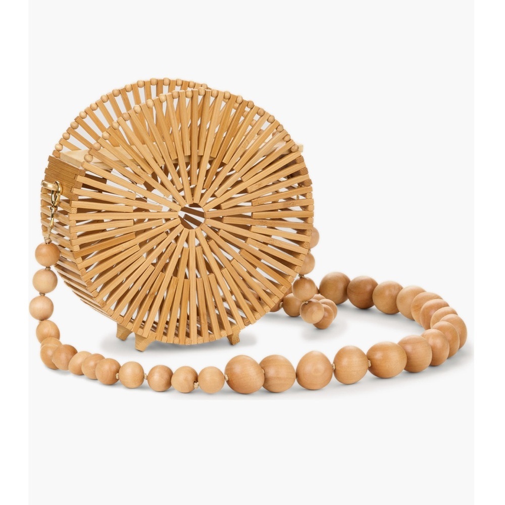 Cult Gaia Cutout Round Circle Beaded Strap Crossbody Bag NWT Natural Bamboo